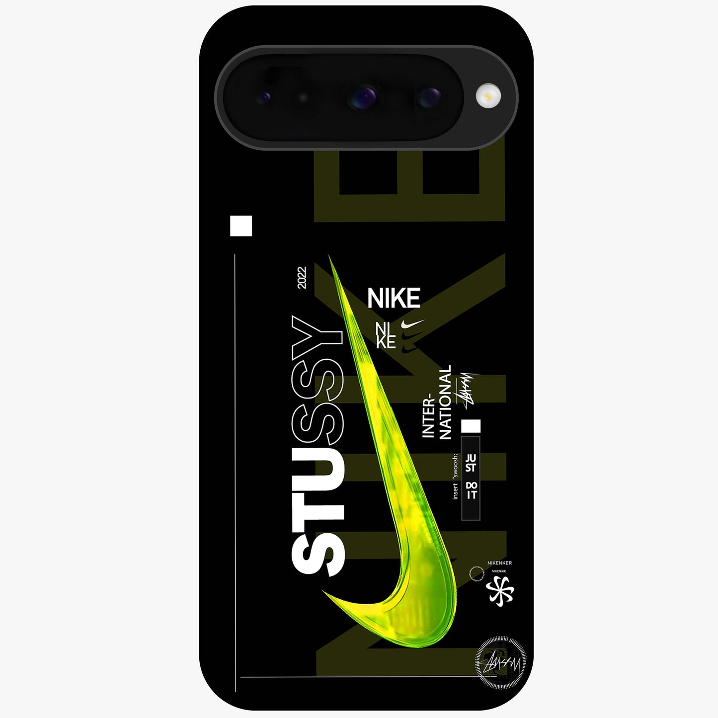 Neon Street Edition Glass Case showing flat back view with neon street style artwork and glossy glass finish.