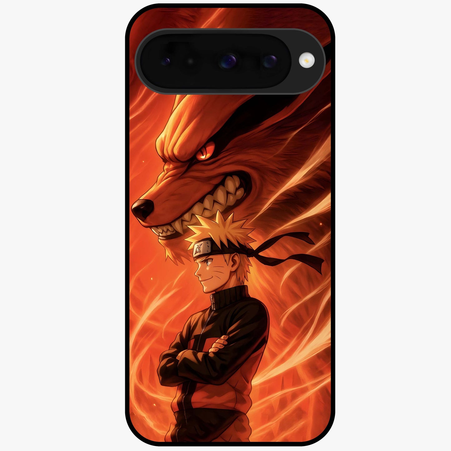 Nine Tails Legacy Glass Case showing flat back view with powerful nine-tailed fox inspired artwork and glossy glass finish.