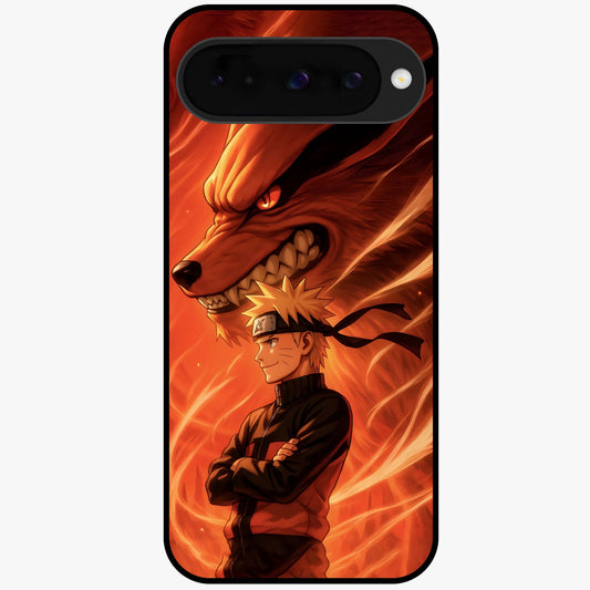 Nine Tails Legacy Glass Case showing flat back view with powerful nine-tailed fox inspired artwork and glossy glass finish.
