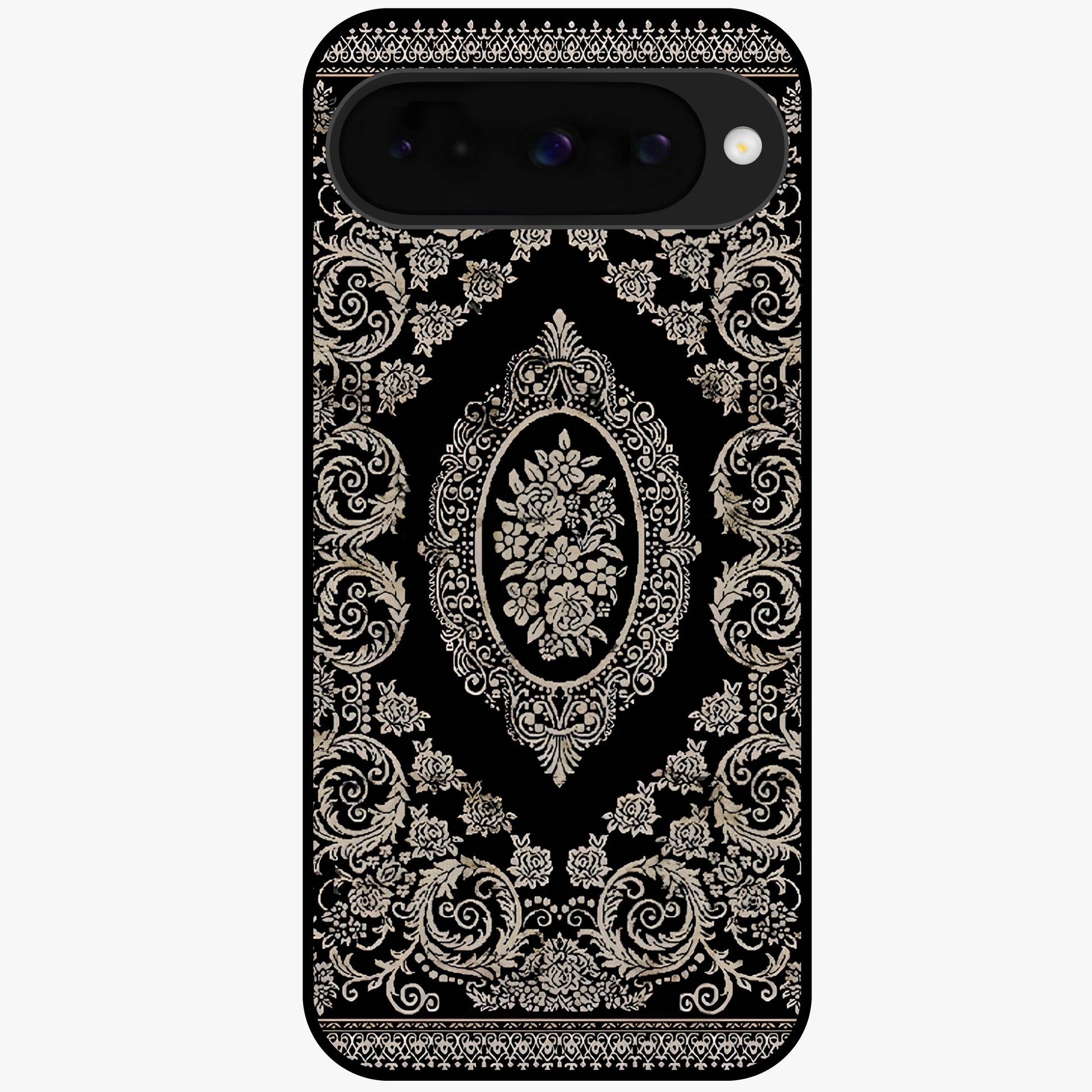 Noir Bloom Elegance Glass Case showing flat back view with elegant dark floral artwork and glossy glass finish.