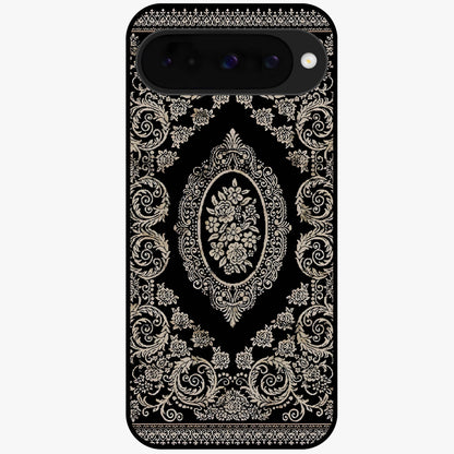 Noir Bloom Elegance Glass Case showing flat back view with elegant dark floral artwork and glossy glass finish.