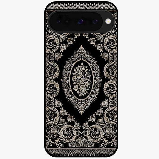 Noir Bloom Elegance Glass Case showing flat back view with elegant dark floral artwork and glossy glass finish.