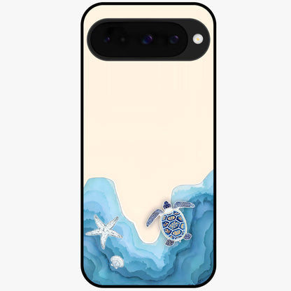Ocean Drift Turtle Glass Case showing flat back view with sea turtle artwork and glossy glass finish.