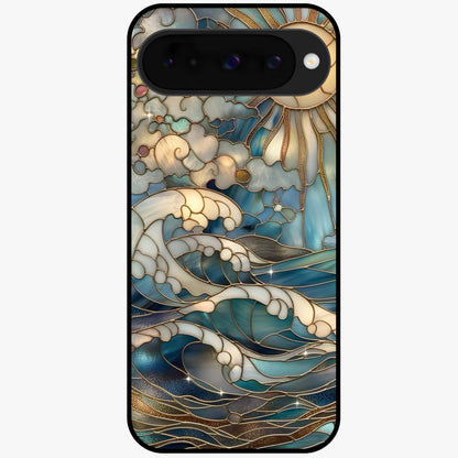 Oceanic Stained Printed Glass Case showing flat back view with ocean inspired stained pattern artwork and glossy glass finish.