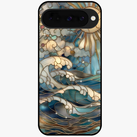 Oceanic Stained Printed Glass Case showing flat back view with ocean inspired stained pattern artwork and glossy glass finish.