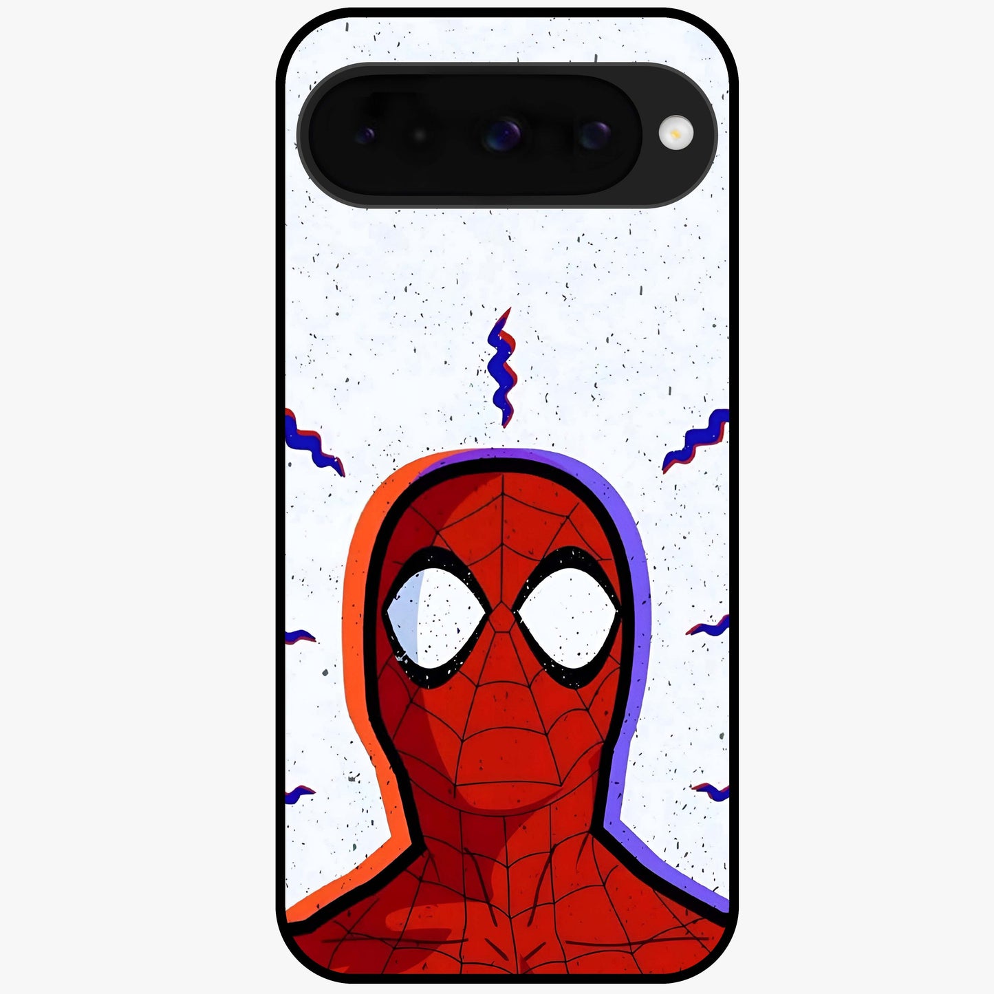 Omg Spiderman Glass Case showing flat back view with bold superhero inspired artwork and glossy glass finish.