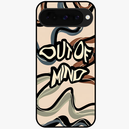 Out Of Mind Glass Case showing flat back view with expressive typography artwork and glossy glass finish.