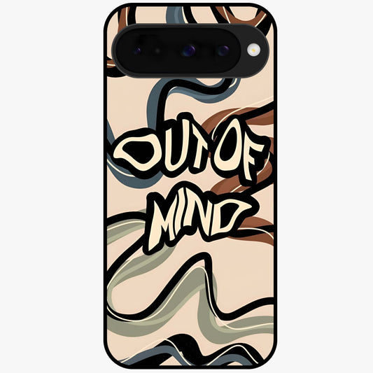 Out Of Mind Glass Case showing flat back view with expressive typography artwork and glossy glass finish.