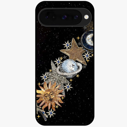 Pearls Universe Object Glass Case showing flat back view with pearl inspired cosmic artwork and glossy glass finish.