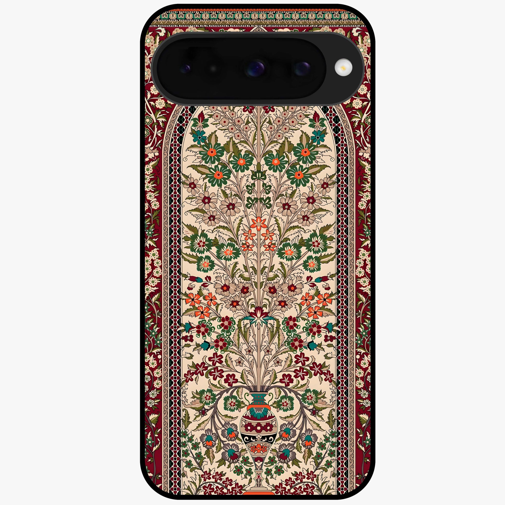 Persian Inspired Glass Case showing flat back view with ornate Persian style pattern artwork and glossy glass finish.