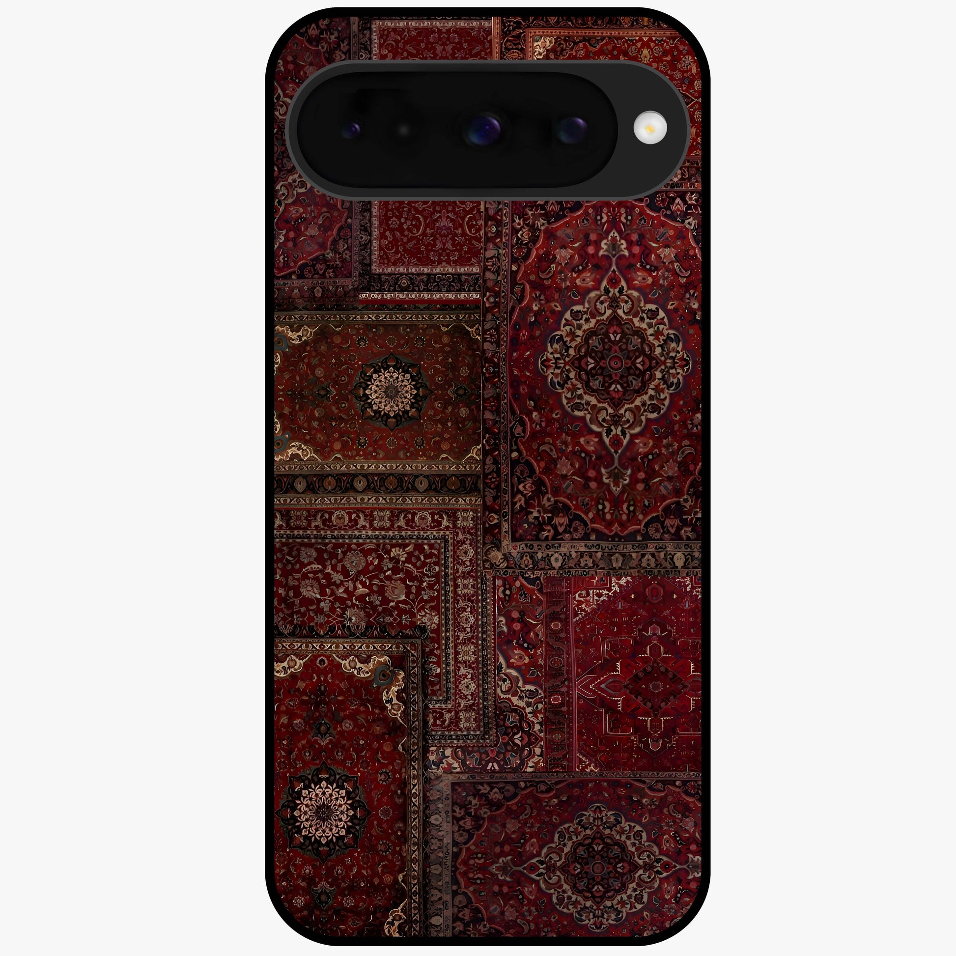 Persian Velvet Tale Glass Case showing flat back view with luxurious Persian velvet pattern artwork and glossy glass finish.