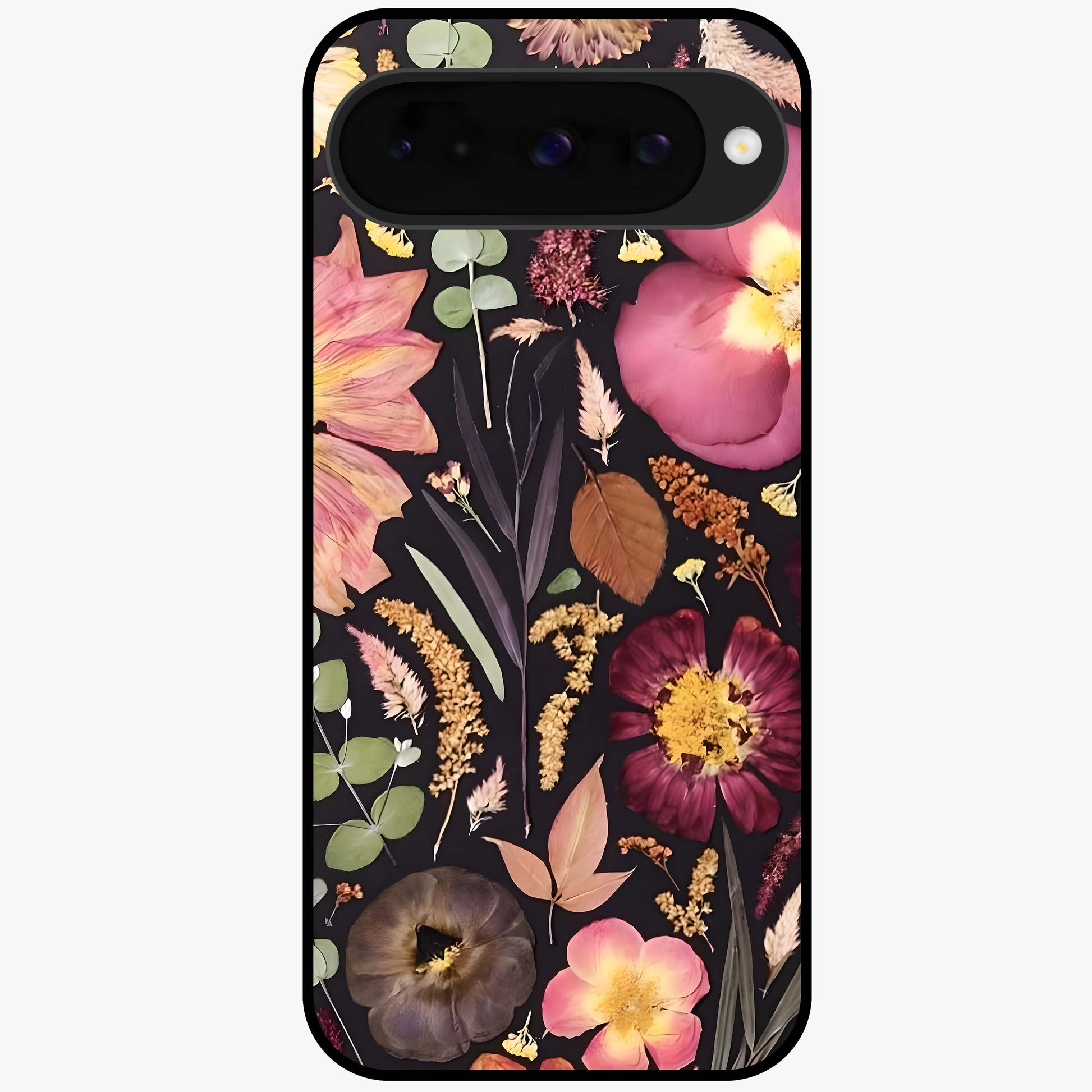 Petal Dream Tapestry Glass Case showing flat back view with intricate floral tapestry artwork and glossy glass finish.