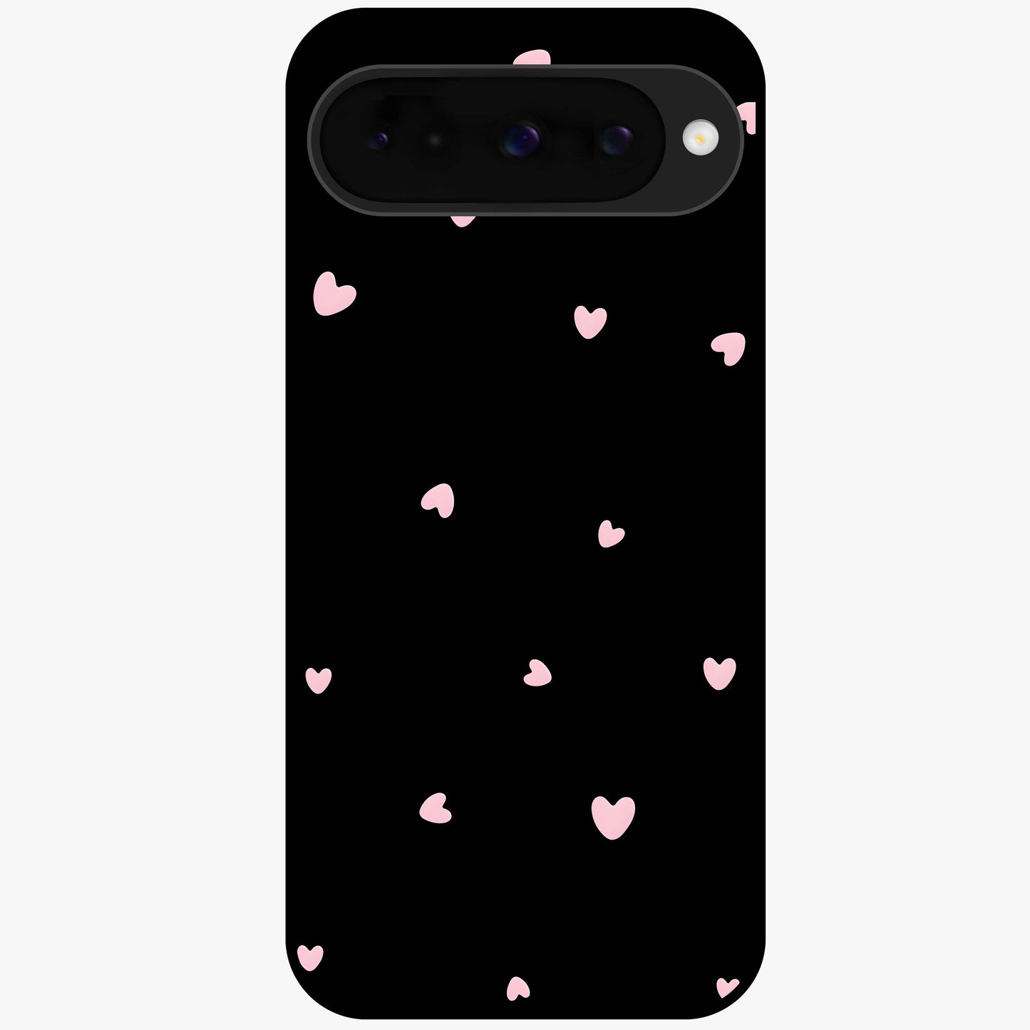 Pink Love Drops Glass Case showing flat back view with playful pink heart drops artwork and glossy glass finish.