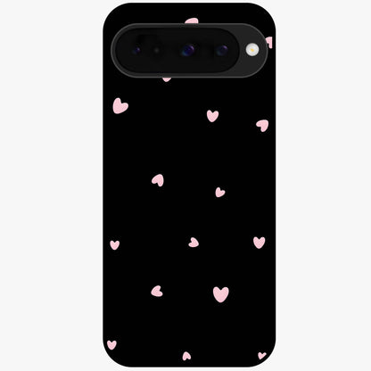 Pink Love Drops Glass Case showing flat back view with playful pink heart drops artwork and glossy glass finish.