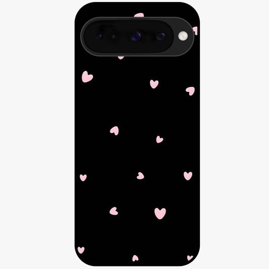 Pink Love Drops Glass Case showing flat back view with playful pink heart drops artwork and glossy glass finish.