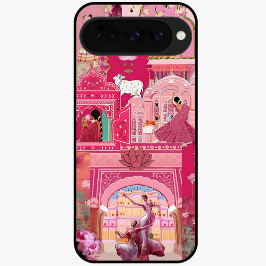 Pink Palace Muse Glass Case showing flat back view with elegant palace inspired artwork and glossy glass finish.