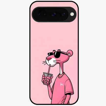 Pink Panther Glass Case showing flat back view with iconic pink panther artwork and glossy glass finish.