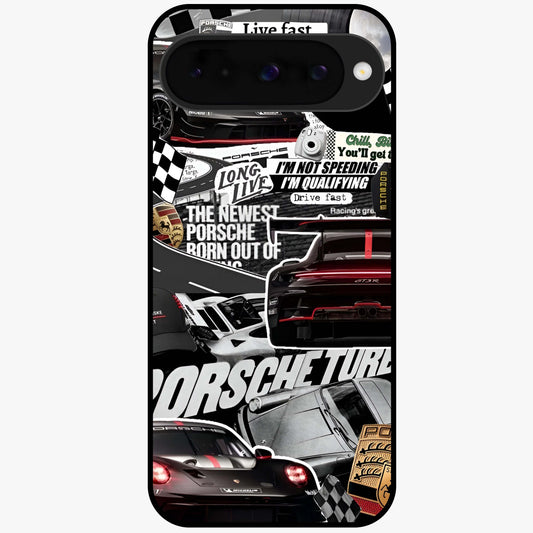 Porsche Racing Collage Glass Case showing flat back view with sports car racing collage artwork and glossy glass finish.