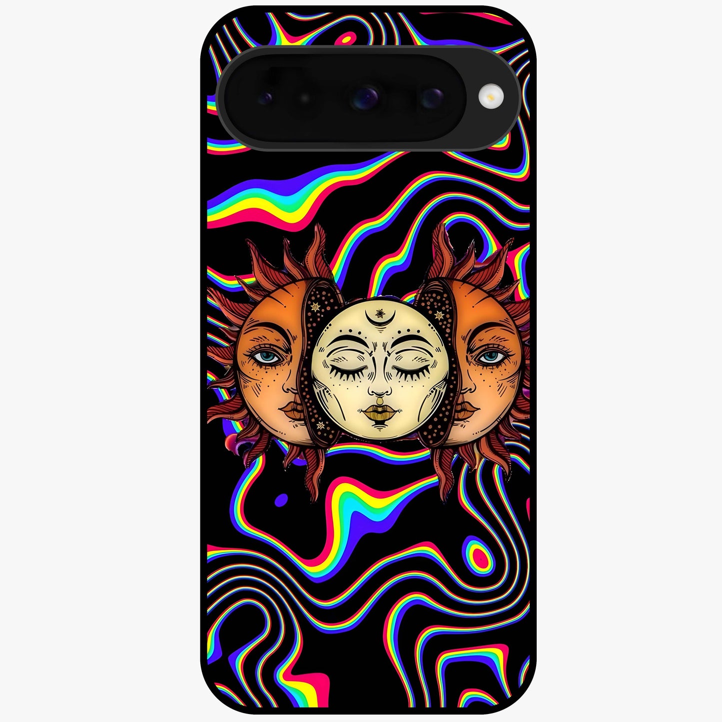 Psychedelic Sun Glass Case showing flat back view with colorful psychedelic sun artwork and glossy glass finish.