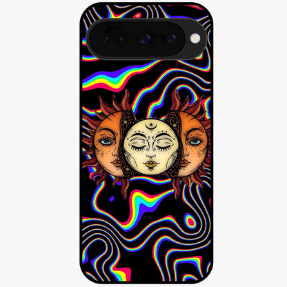 Psychedelic Sun Glass Case showing flat back view with colorful psychedelic sun artwork and glossy glass finish.