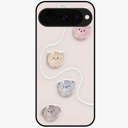 Puffy Face Parade Glass Case showing flat back view with cute puffy character faces artwork and glossy glass finish.