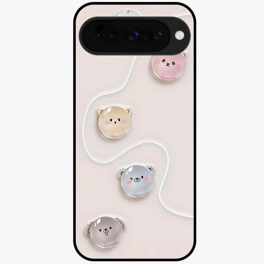 Puffy Face Parade Glass Case showing flat back view with cute puffy character faces artwork and glossy glass finish.