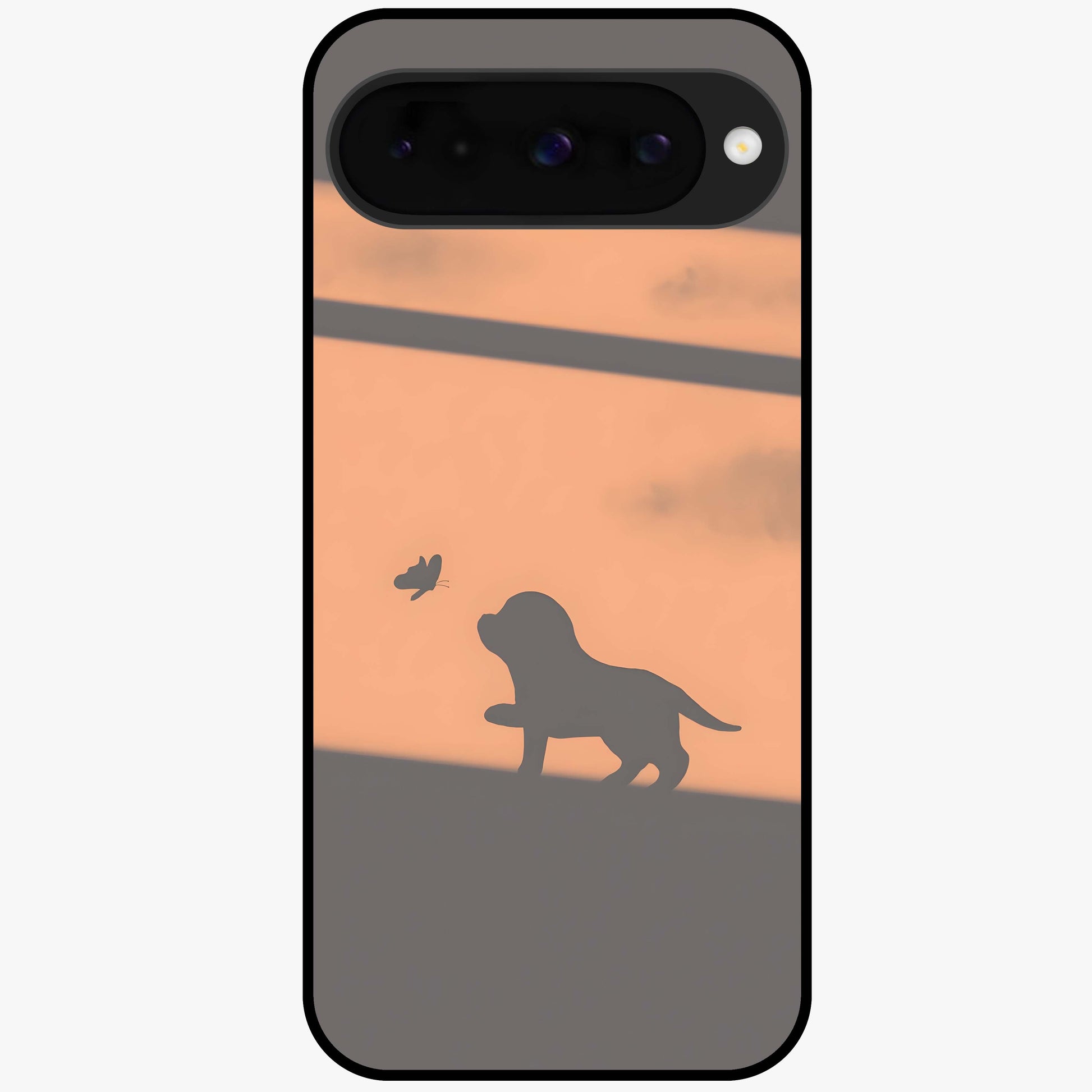 Puppy Shadow Art Glass Case showing flat back view with cute puppy shadow style artwork and glossy glass finish.