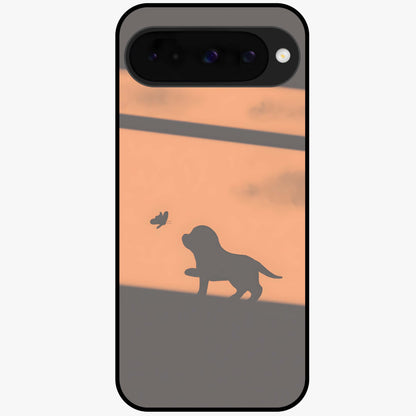 Puppy Shadow Art Glass Case showing flat back view with cute puppy shadow style artwork and glossy glass finish.