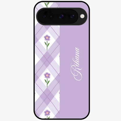 Purple Diamond Floral Glass Case showing flat back view with diamond shaped floral artwork and glossy glass finish.