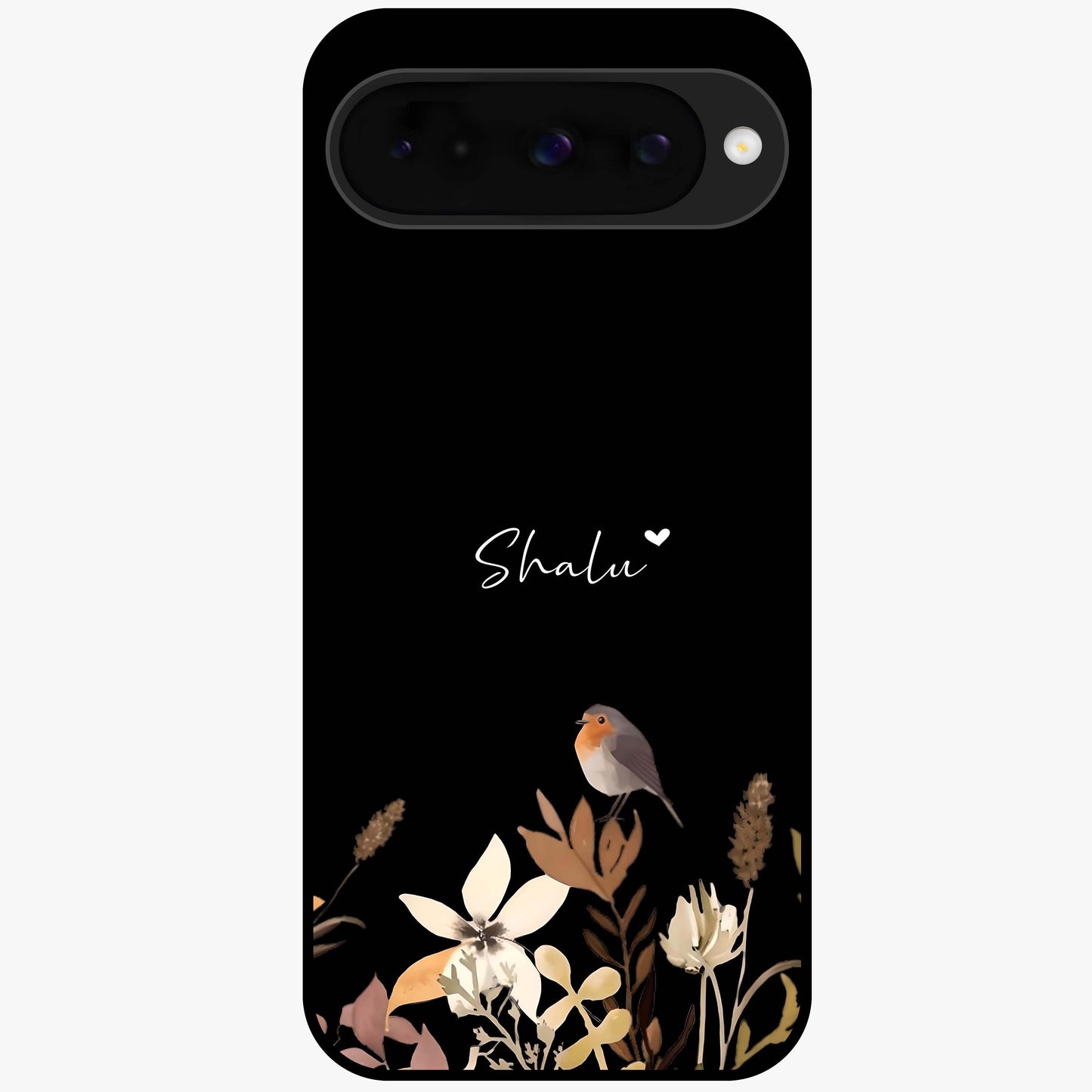 Quiet Garden Tune Custom Name Glass Case showing flat back view with peaceful garden artwork and personalized name design.