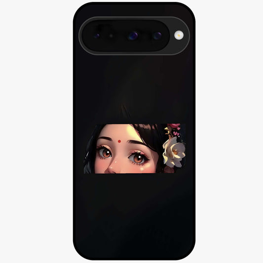 Radha Divine Embrace Glass Case showing flat back view with devotional Radha artwork and glossy glass finish.