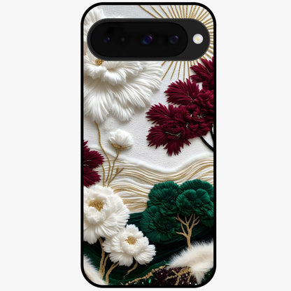 Radiant Bloom Elegance Glass Case showing flat back view with elegant blooming flower artwork and glossy glass finish.