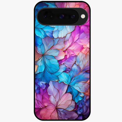 Radiant Floral Whirl Glass Case showing flat back view with swirling floral artwork and glossy glass finish.