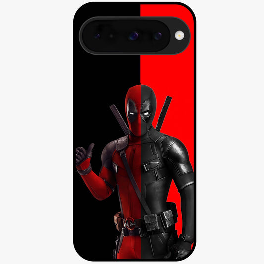 Red & Black Deadpool Theme Glass Case showing flat back view with bold comic inspired artwork and glossy glass finish.