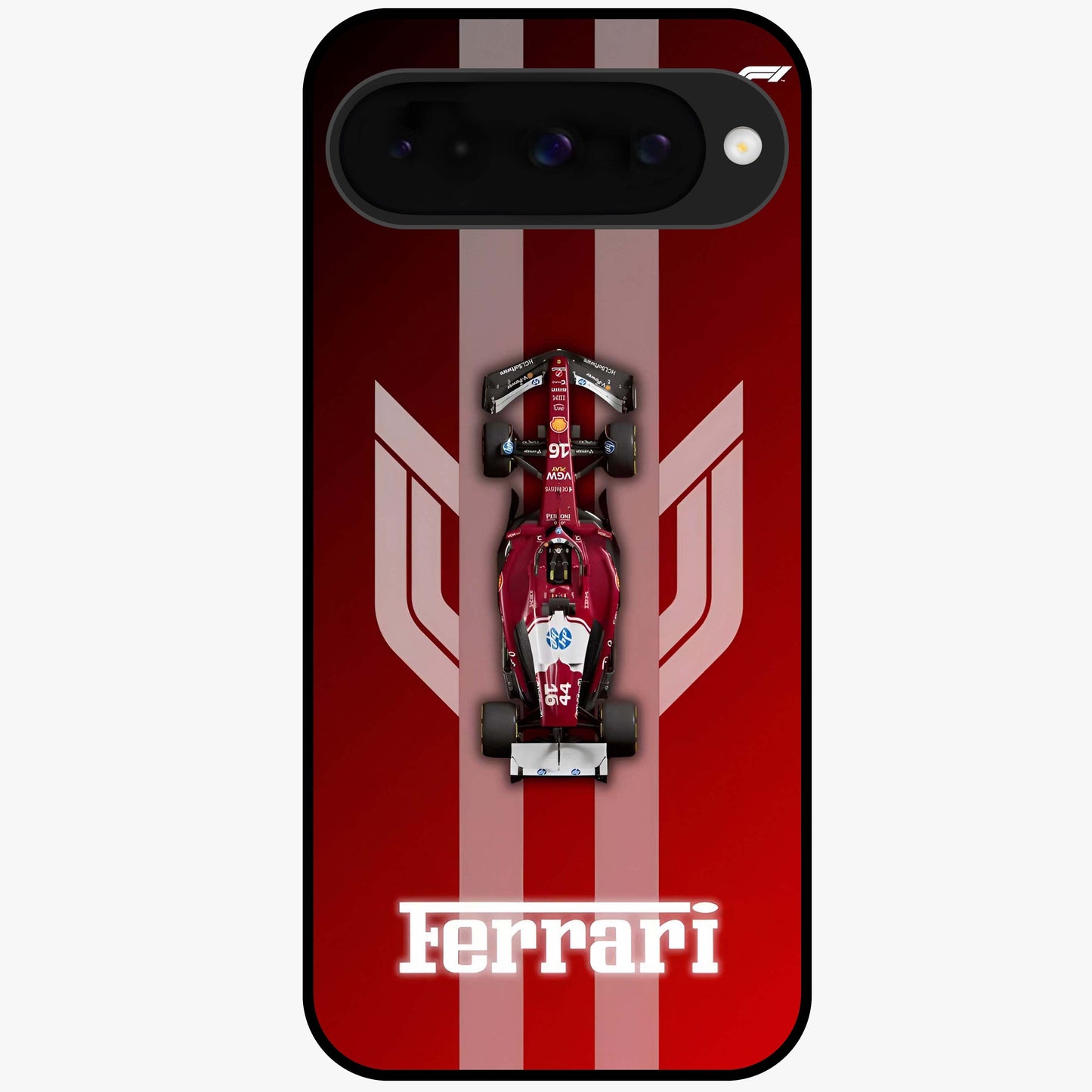 Red Ferrari F1 Vertical Glass Case showing flat back view with sleek Formula racing car artwork and glossy glass finish.