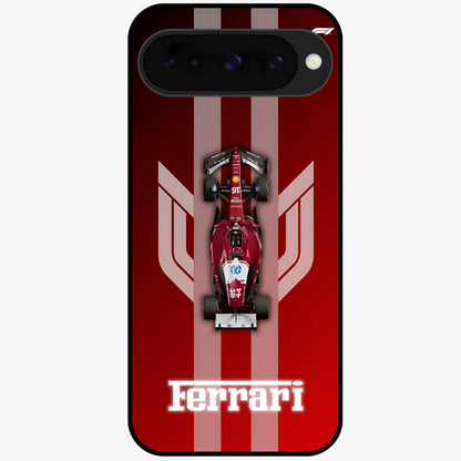 Red Ferrari F1 Vertical Glass Case showing flat back view with sleek Formula racing car artwork and glossy glass finish.