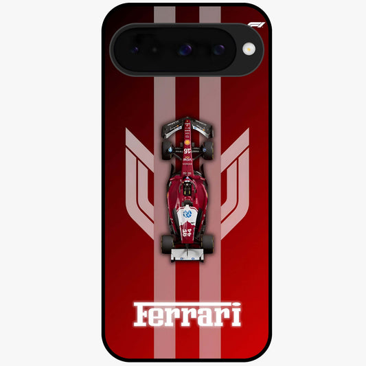 Red Ferrari F1 Vertical Glass Case showing flat back view with sleek Formula racing car artwork and glossy glass finish.