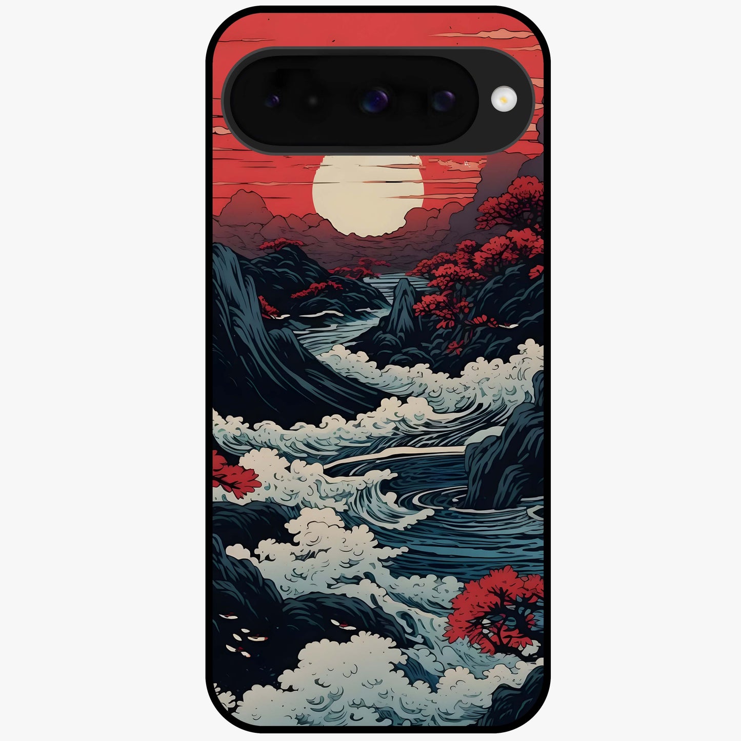 Red Sunset Scenery Glass Case showing flat back view with vibrant sunset landscape artwork and glossy glass finish.