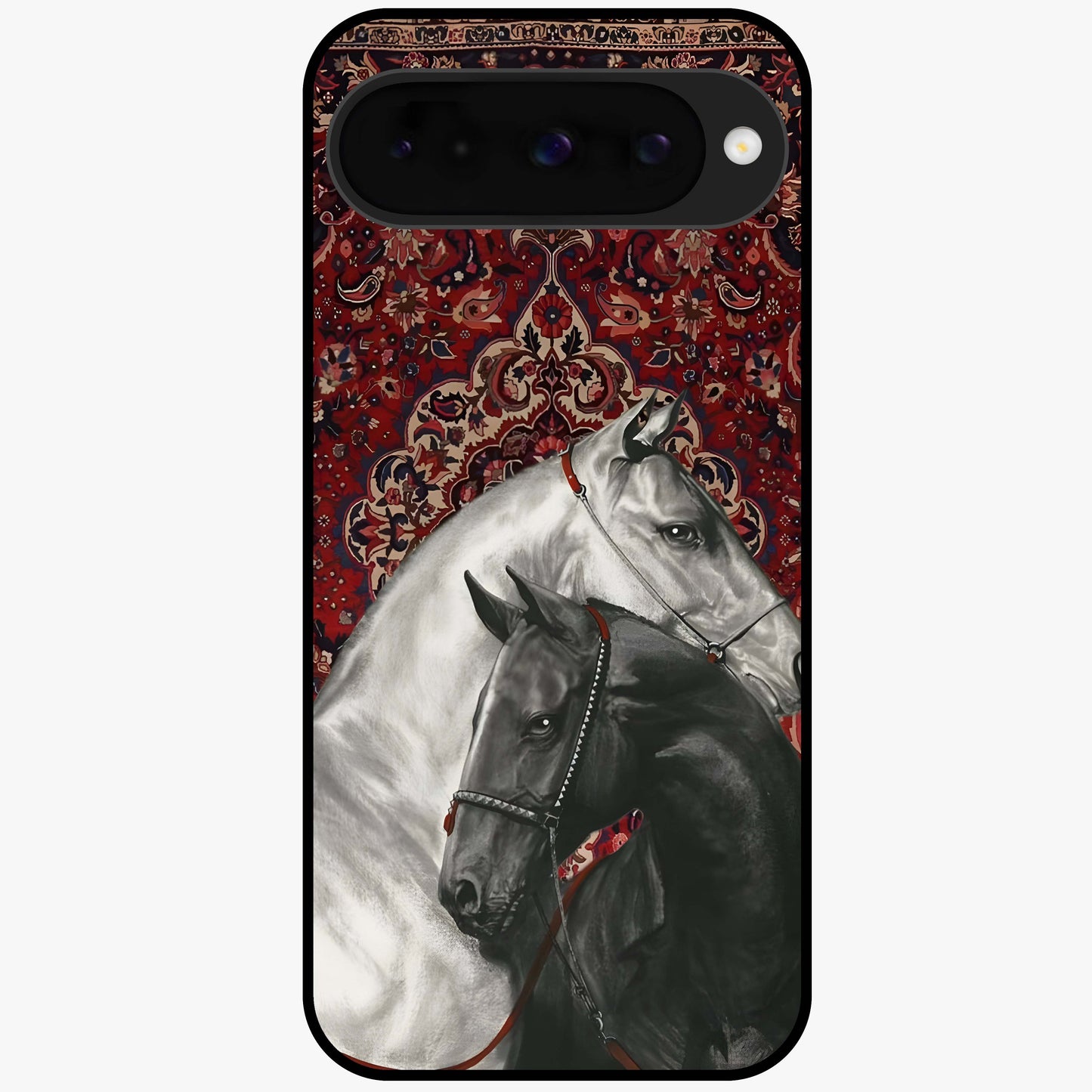 Regal Stallion Tapestry Glass Case showing flat back view with majestic horse tapestry artwork and glossy glass finish.