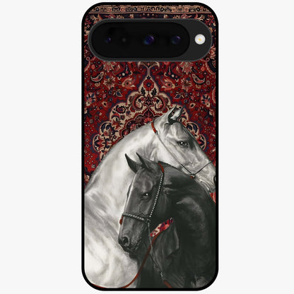 Regal Stallion Tapestry Glass Case showing flat back view with majestic horse tapestry artwork and glossy glass finish.