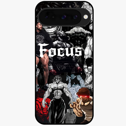 Relentless Power Focus Glass Case showing flat back view with motivational typography artwork and glossy glass finish.