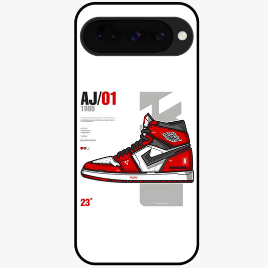 Retro Sneaker Blueprint Glass Case showing flat back view with sneaker blueprint style artwork and glossy glass finish.