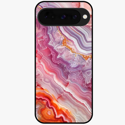 Rose Quartz Marble Glass Case showing flat back view with pink marble quartz texture artwork and glossy glass finish.