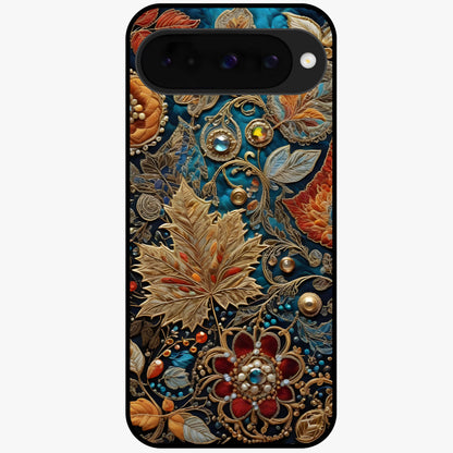 Royal Jewel Garden Glass Case showing flat back view with decorative floral garden artwork and glossy glass finish.