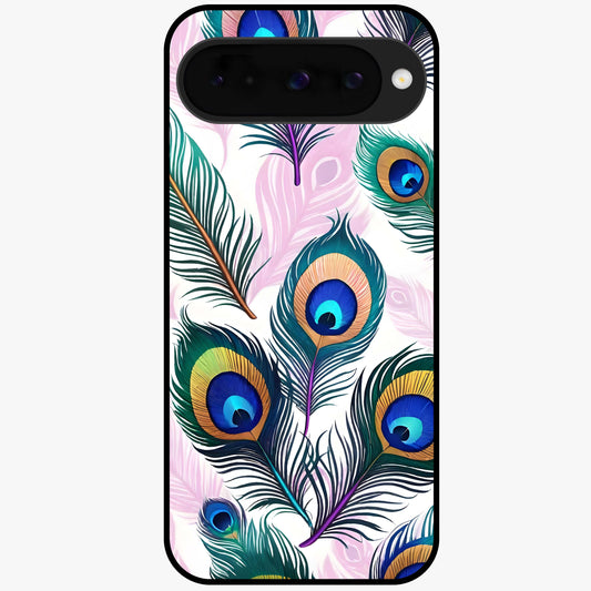 Royal Peacock Feathers Glass Case showing flat back view with colorful peacock feather artwork and glossy glass finish.