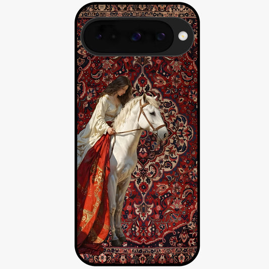 Royal Rider Tapestry Glass Case showing flat back view with majestic horse rider tapestry artwork and glossy glass finish.