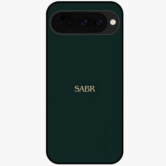 Sabr Minimal Patience Glass Case showing flat back view with minimalist typography artwork and glossy glass finish.