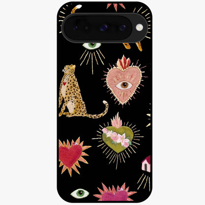 Sacred Jungle Heart Glass Case showing flat back view with jungle inspired heart artwork and glossy glass finish.