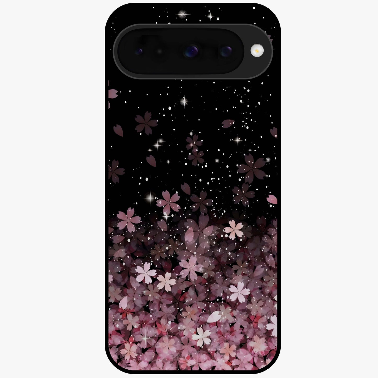 Small Starry Flowers Glass Case showing flat back view with delicate starry floral artwork and glossy glass finish.