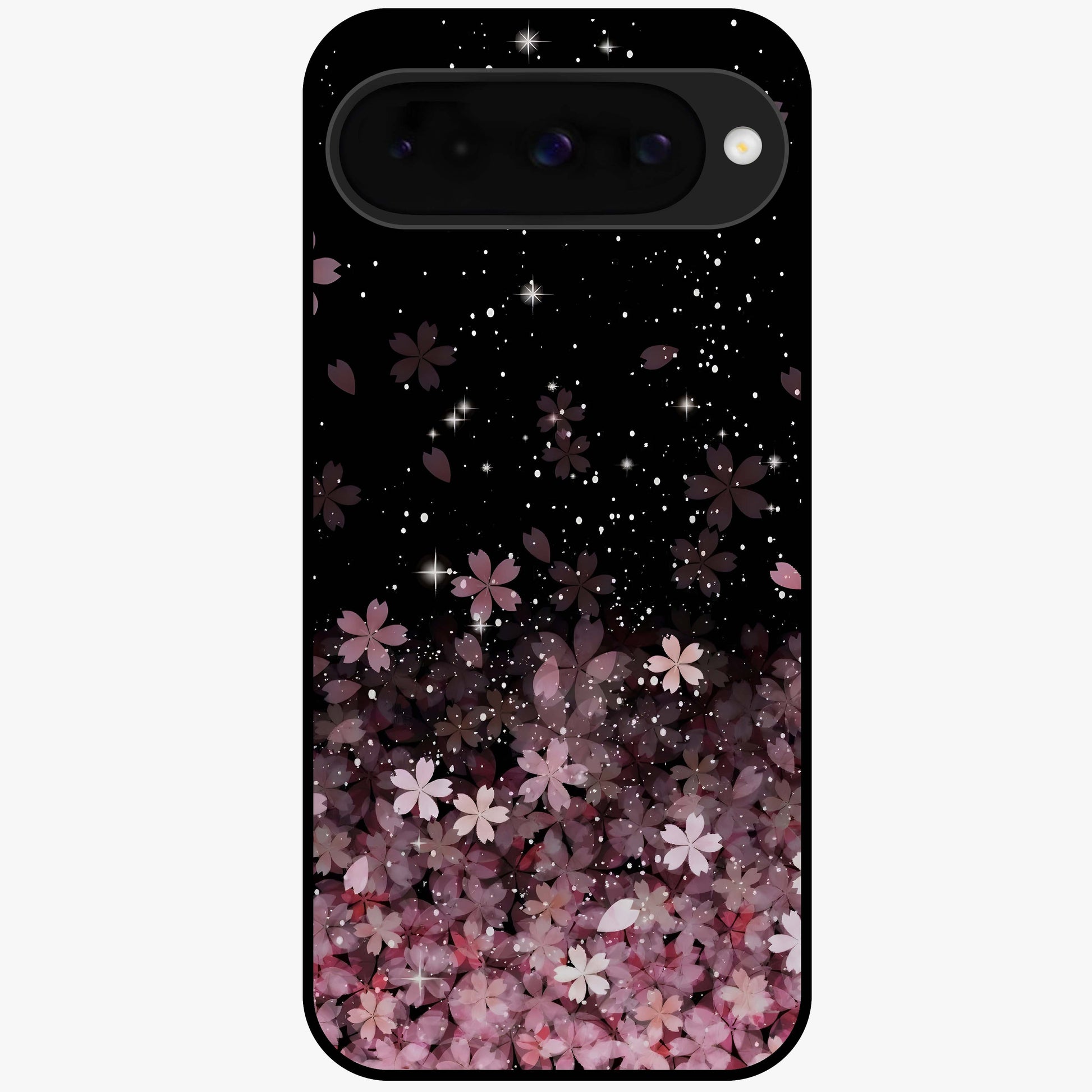 Small Starry Flowers Glass Case showing flat back view with delicate starry floral artwork and glossy glass finish.